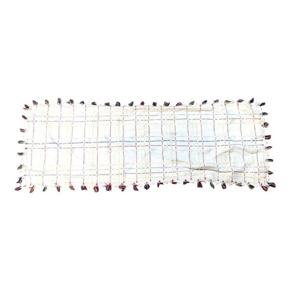 Handwoven Table Runner Linen Plaid Centerpiece Fringe Edges 11x35" Vintage White - Picture 3 of 4